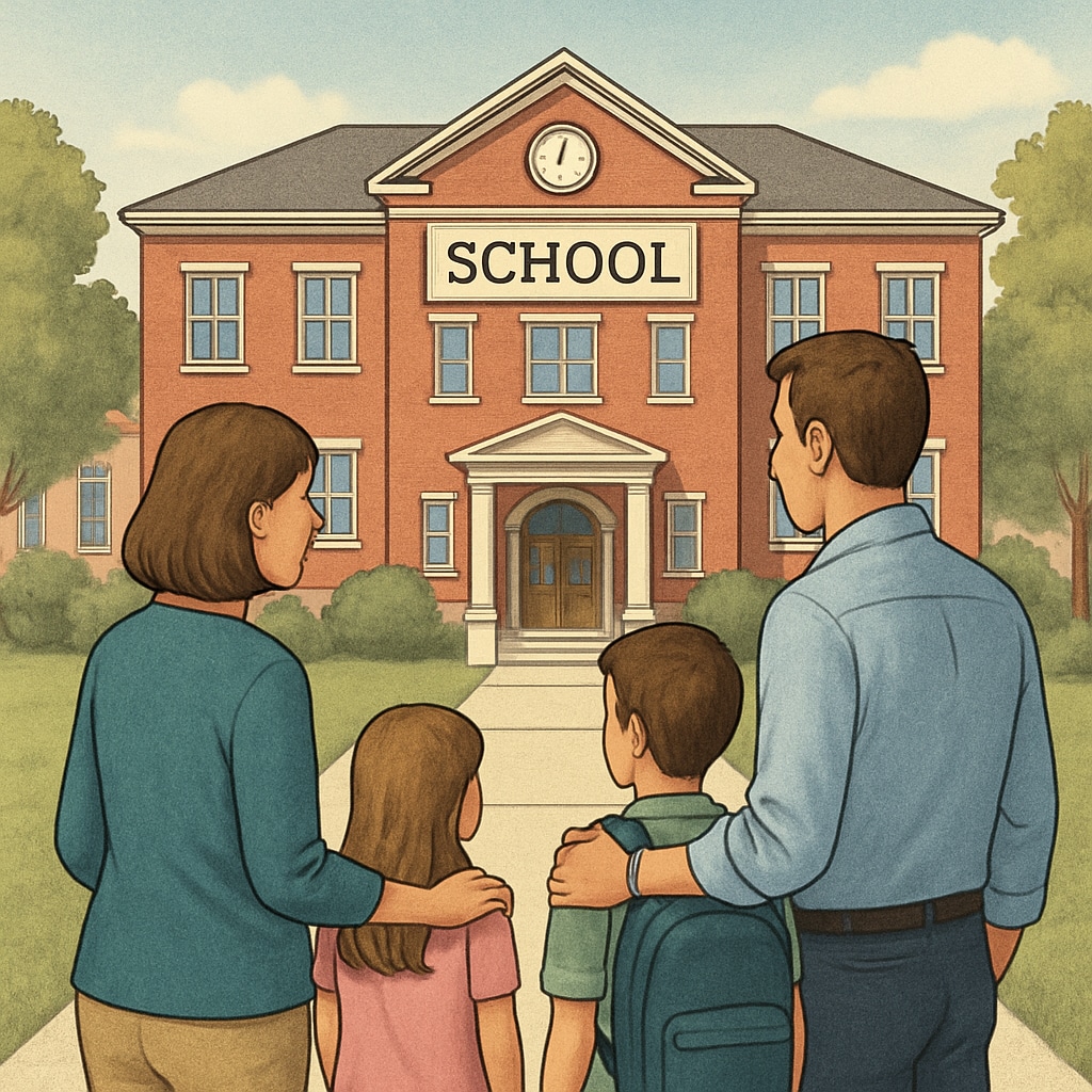 Parents and children exploring a school in a high-ranking district.
