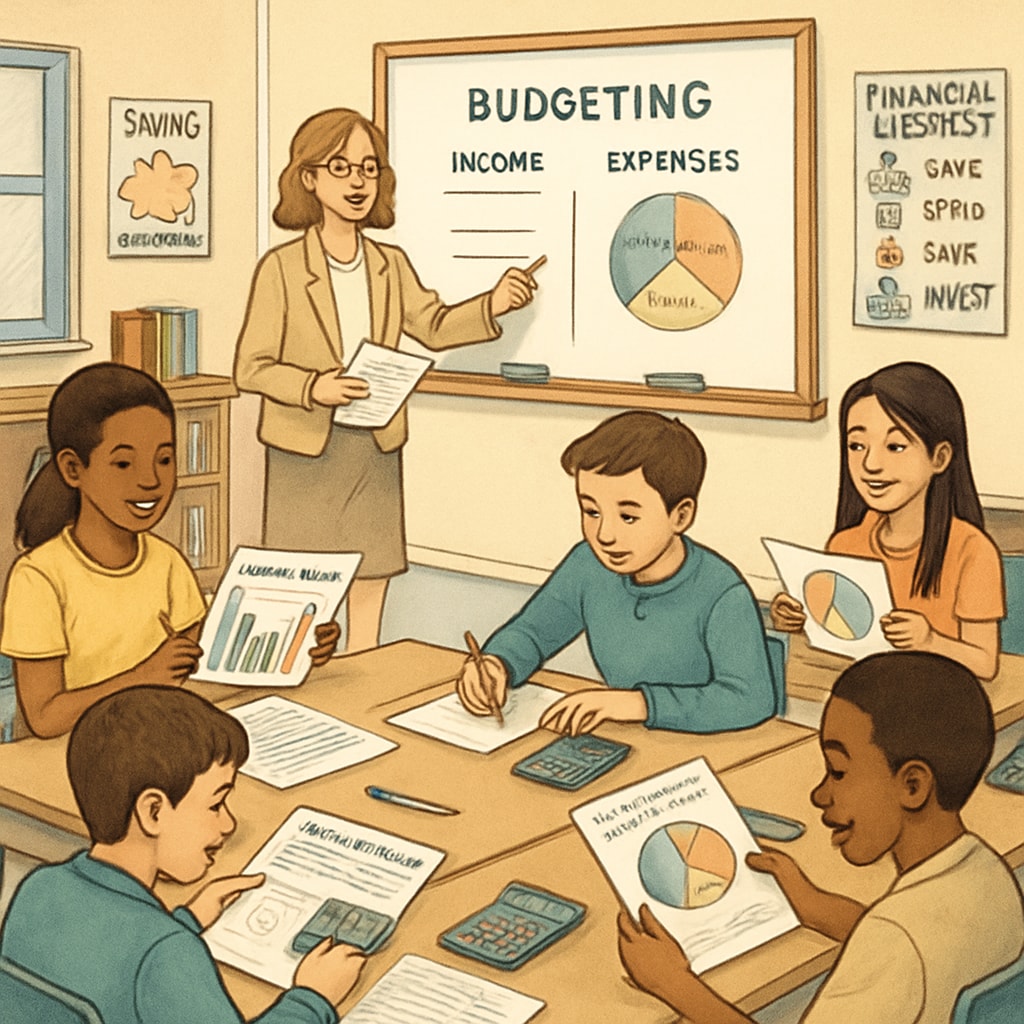 A classroom setting where students are engaged in interactive financial literacy activities, such as mock budgeting exercises. Financial literacy education activities in a classroom setting