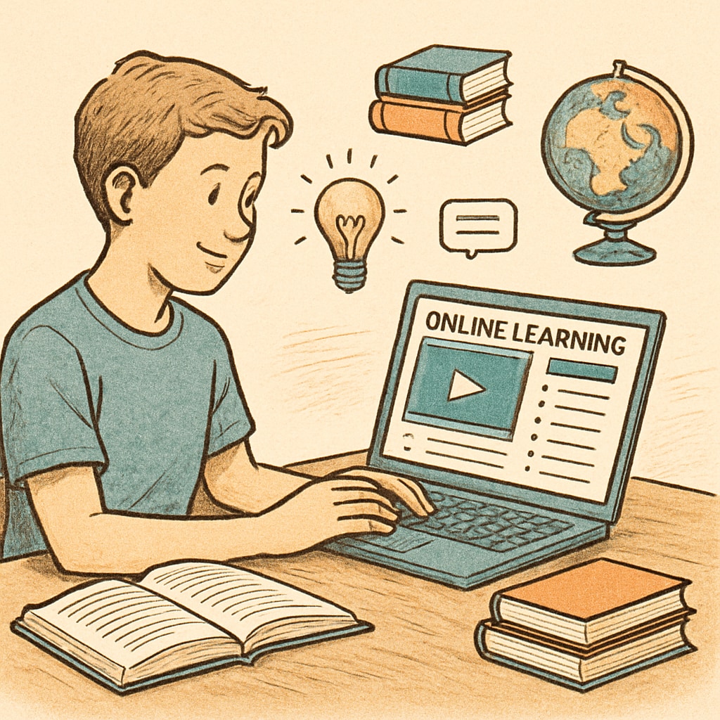 A student using a laptop to study on an online learning platform, representing the use of digital education resources. High school student studying on an online platform, highlighting digital education resources.
