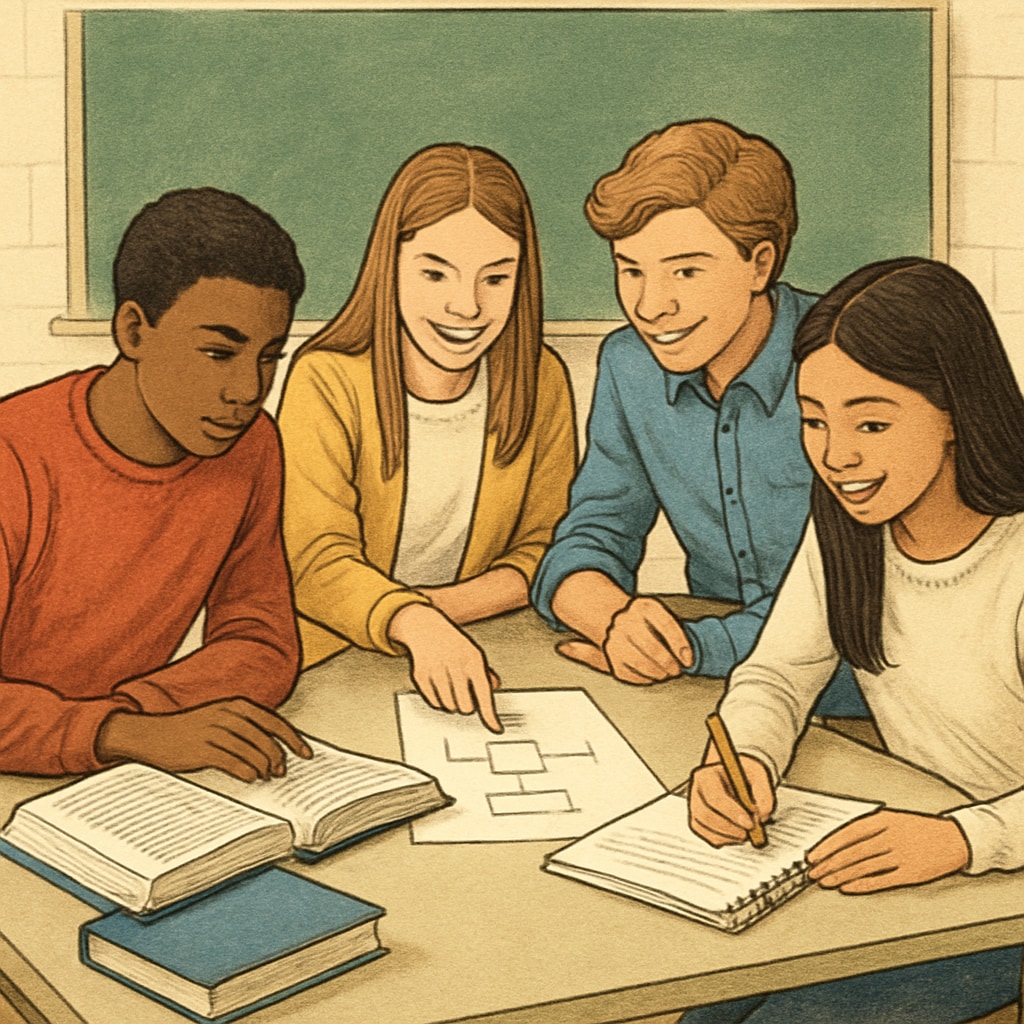 A group of high school students collaborating on a project, highlighting the benefits of peer learning. Students working together on a school project, emphasizing collaboration and peer learning.