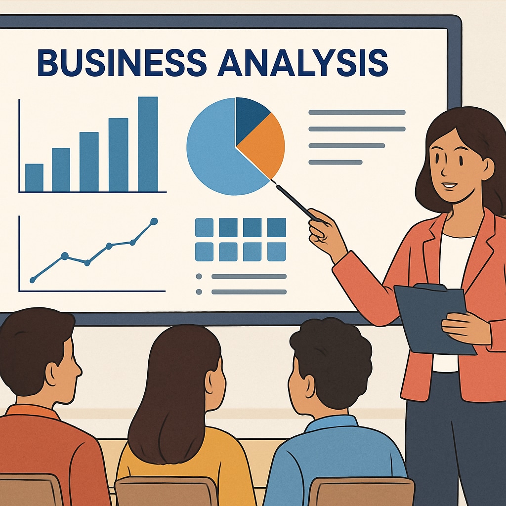 A graphical representation of business analysis concepts being taught to students, featuring charts and graphs on a digital screen. Business analysis education with data visualization tools