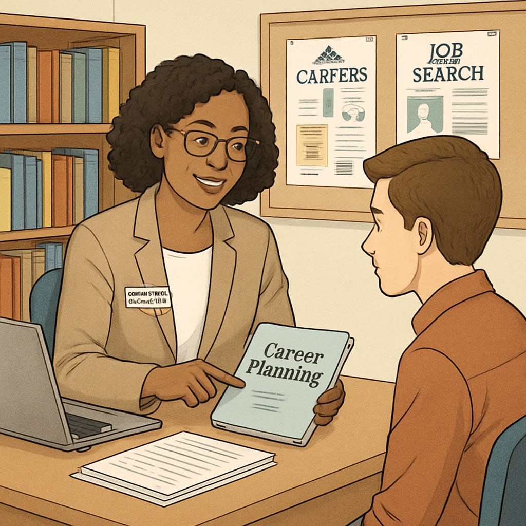 Career counselor at the University of California helping a student with career advice.