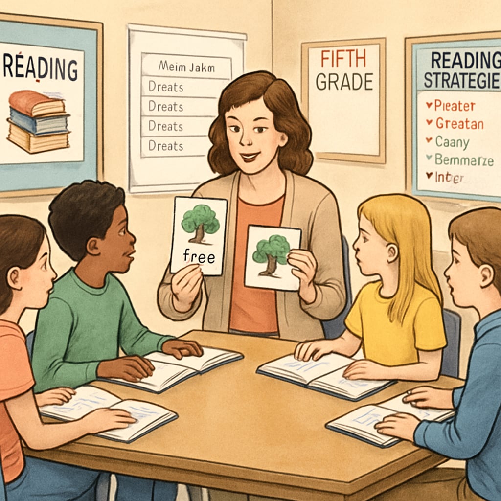 Teacher and students in a guided reading session, enhancing reading methodologies.