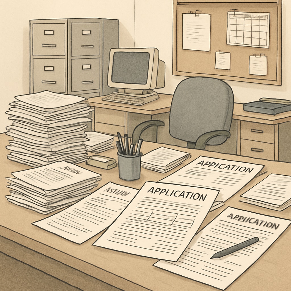 A school administrative office with forms and documents scattered on a desk, representing administrative delays in school applications. Forms and documents on a desk in a school office, illustrating school application delays.
