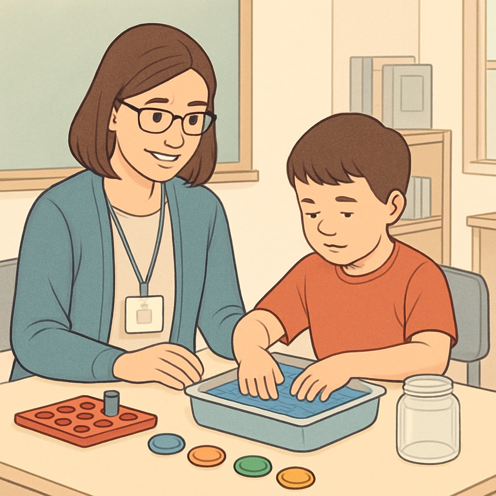 A teacher assistant working one-on-one with a student on the autism spectrum, helping them with a sensory activity. Teacher assisting an autism spectrum student with a sensory activity