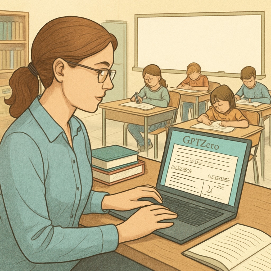 An educator using GPTZero on a laptop to monitor student writing in a classroom setting. Educator monitoring student writing with GPTZero Chrome extension.