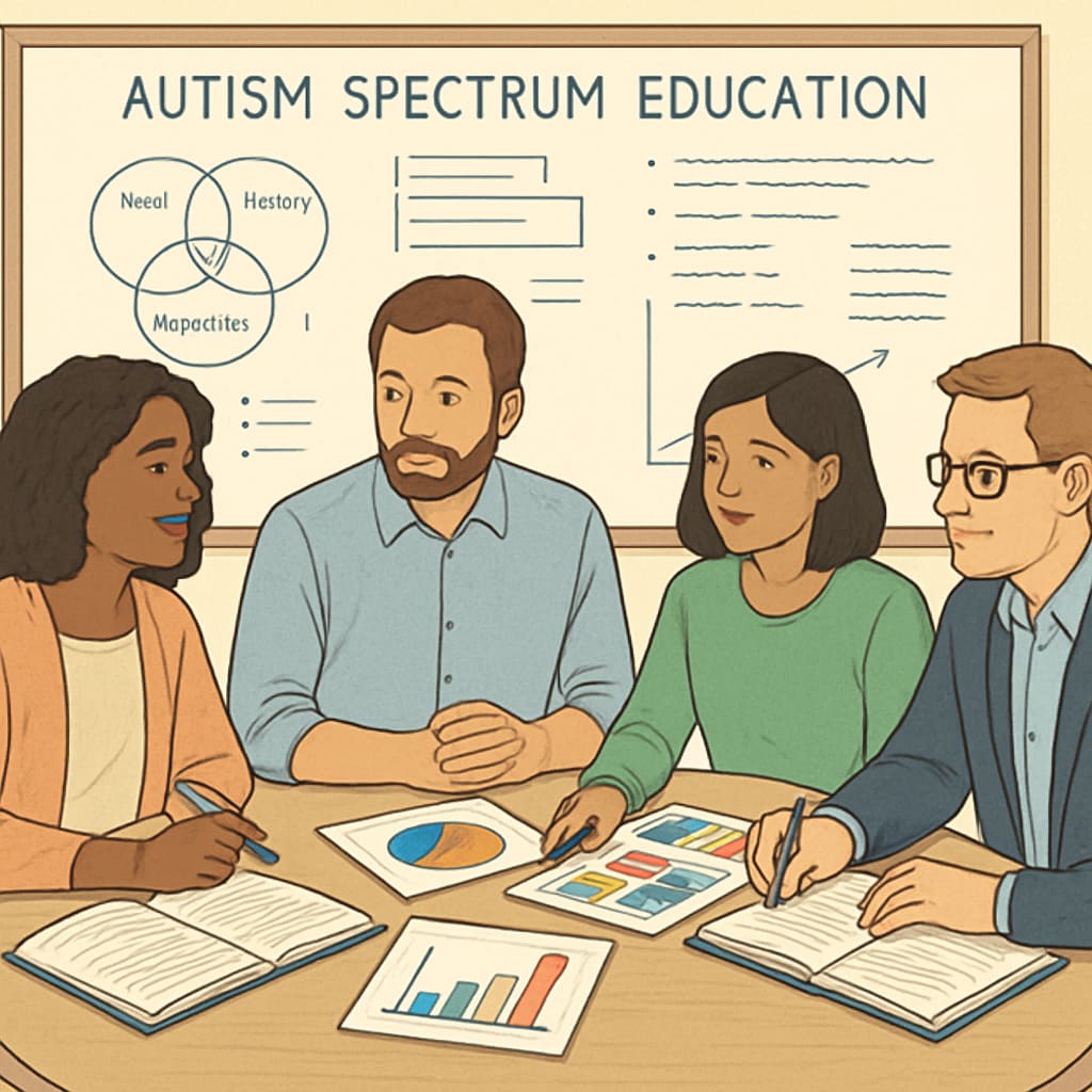 A group of educators discussing strategies for autism spectrum education in a collaborative meeting. Educators collaborating on autism spectrum education strategies