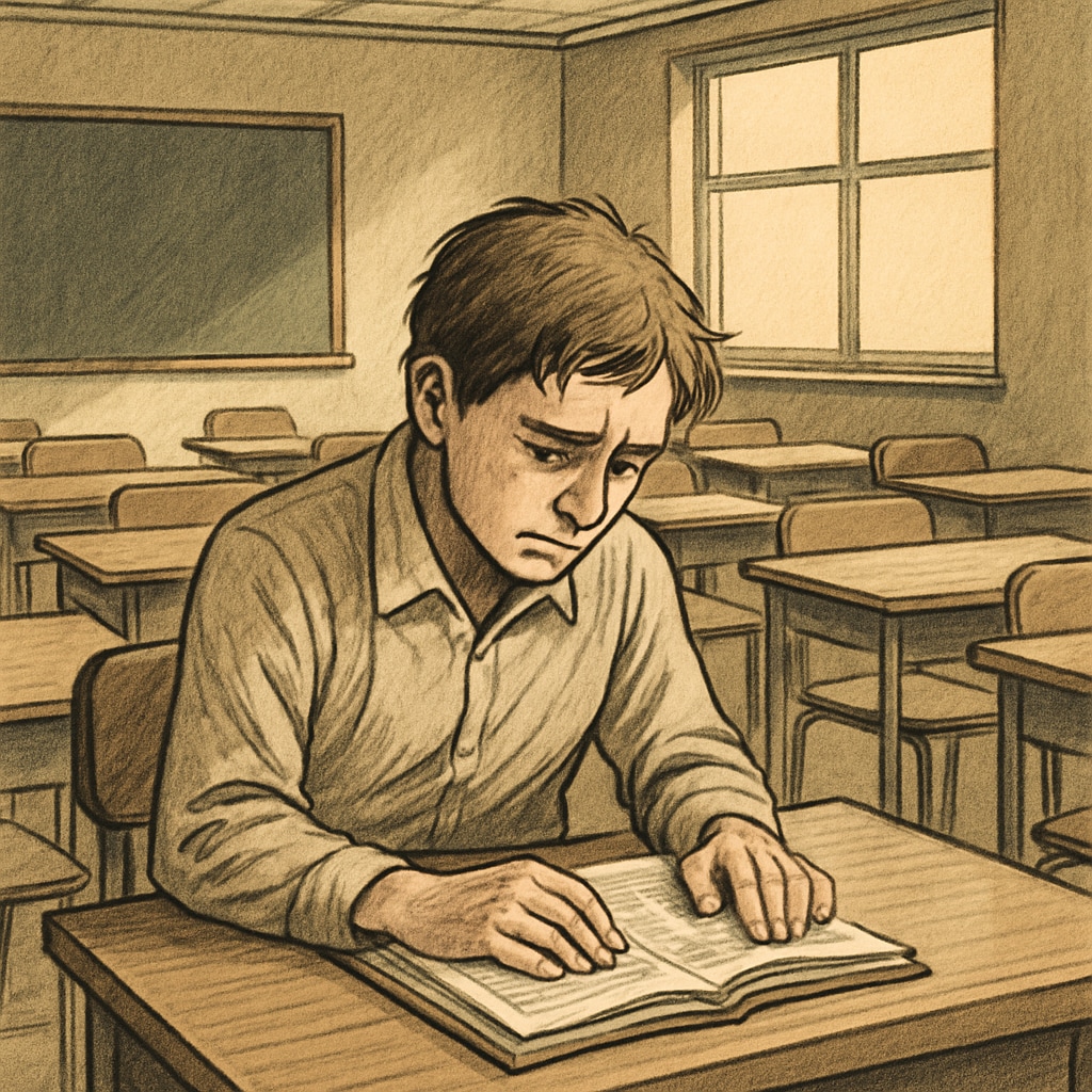 A student sitting alone in a classroom, looking distressed, symbolizing the mental health impact of administrative delays in school applications. A distressed student sitting alone in a classroom, reflecting mental health struggles caused by administrative delays.