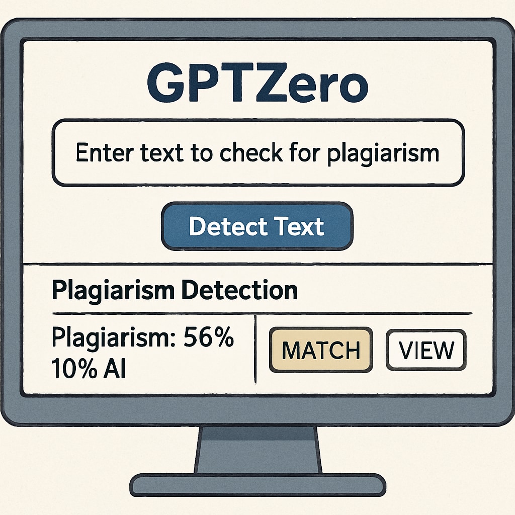 A close-up of a computer screen displaying GPTZero's plagiarism detection interface. Screenshot of GPTZero's plagiarism detection tool in action.