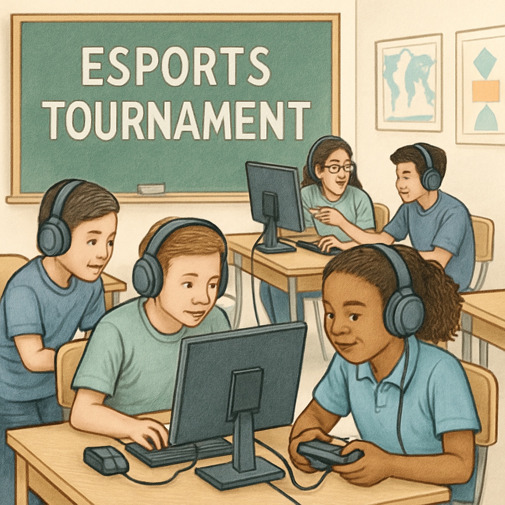 A classroom setting where students are engaging in an esports tournament, demonstrating teamwork and collaboration. Students participating in an educational esports activity, showcasing teamwork and collaboration.