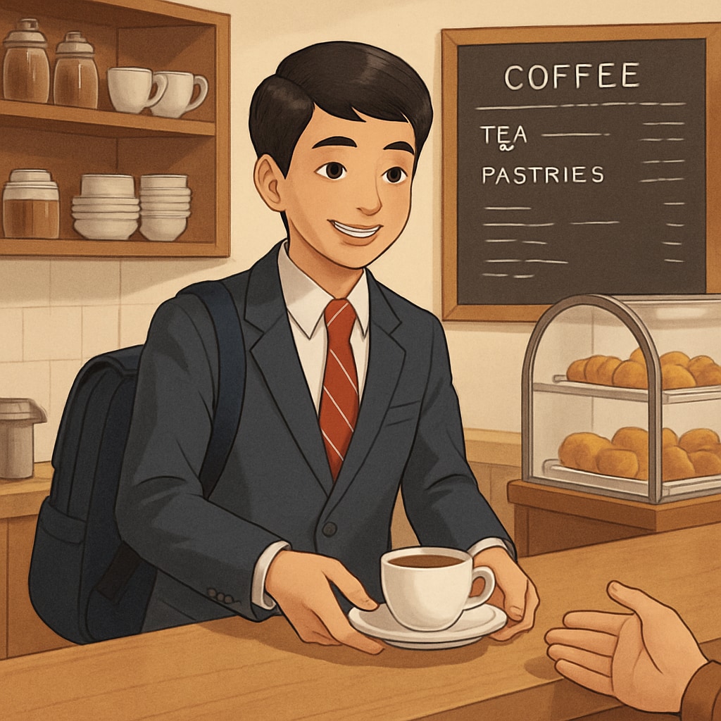 A high school student working part-time at a local café, serving customers while managing their school schedule. High school student working part-time and balancing work with academics.