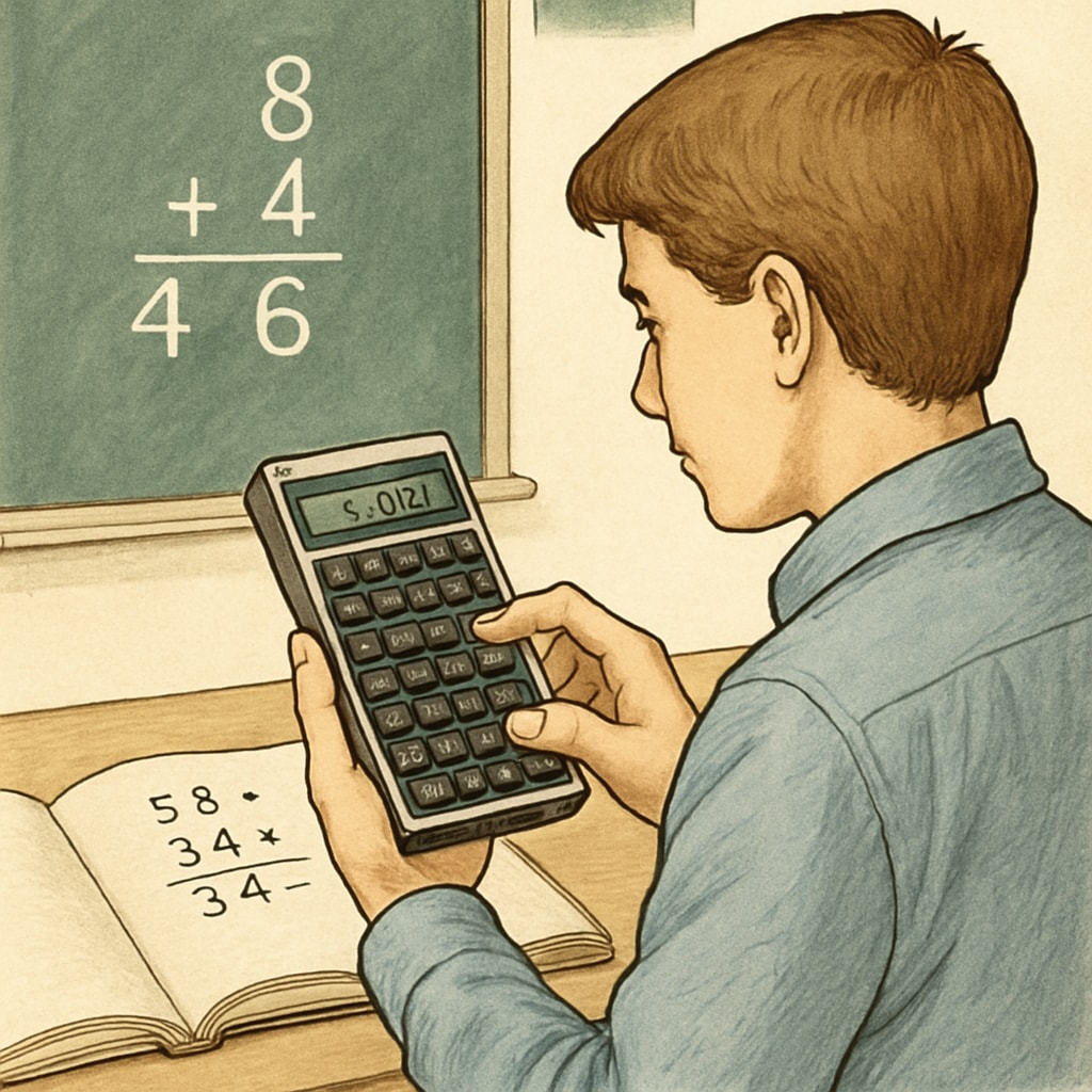 A student using an RPN calculator during a math class, demonstrating its application in solving arithmetic problems. Student using an RPN calculator for math calculations in class.