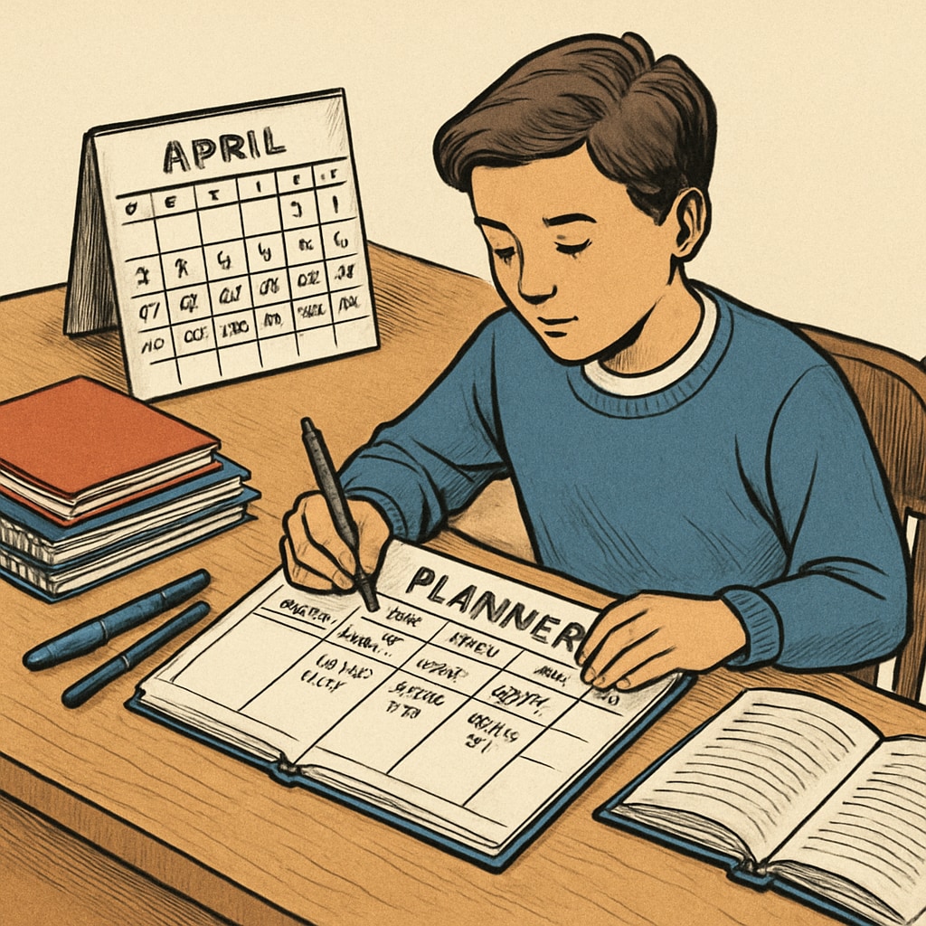 A student using a planner to organize their schoolwork and part-time job schedule effectively. High school student planning their schedule to balance work and study commitments.