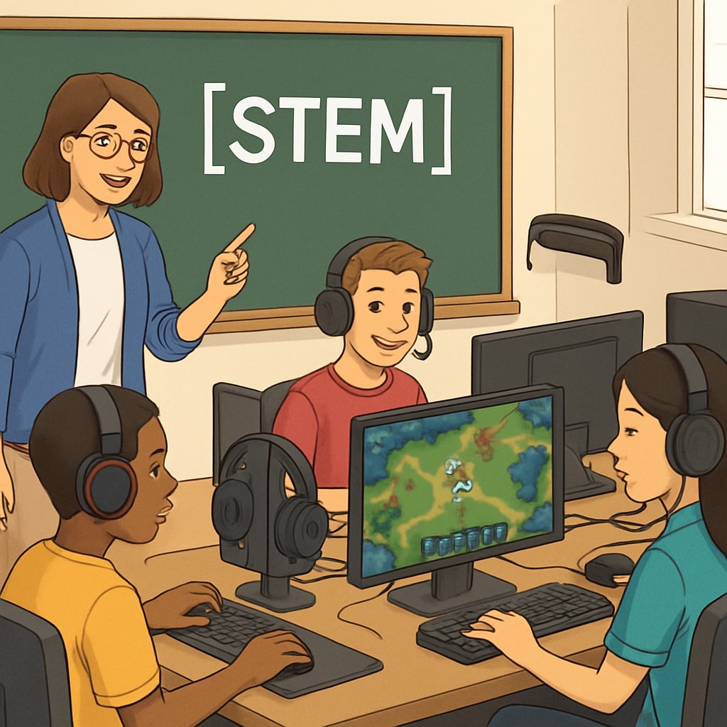 A teacher guiding students through an educational esports session, showcasing the integration of STEM concepts into gaming. A teacher facilitating an esports session to teach STEM concepts to students.