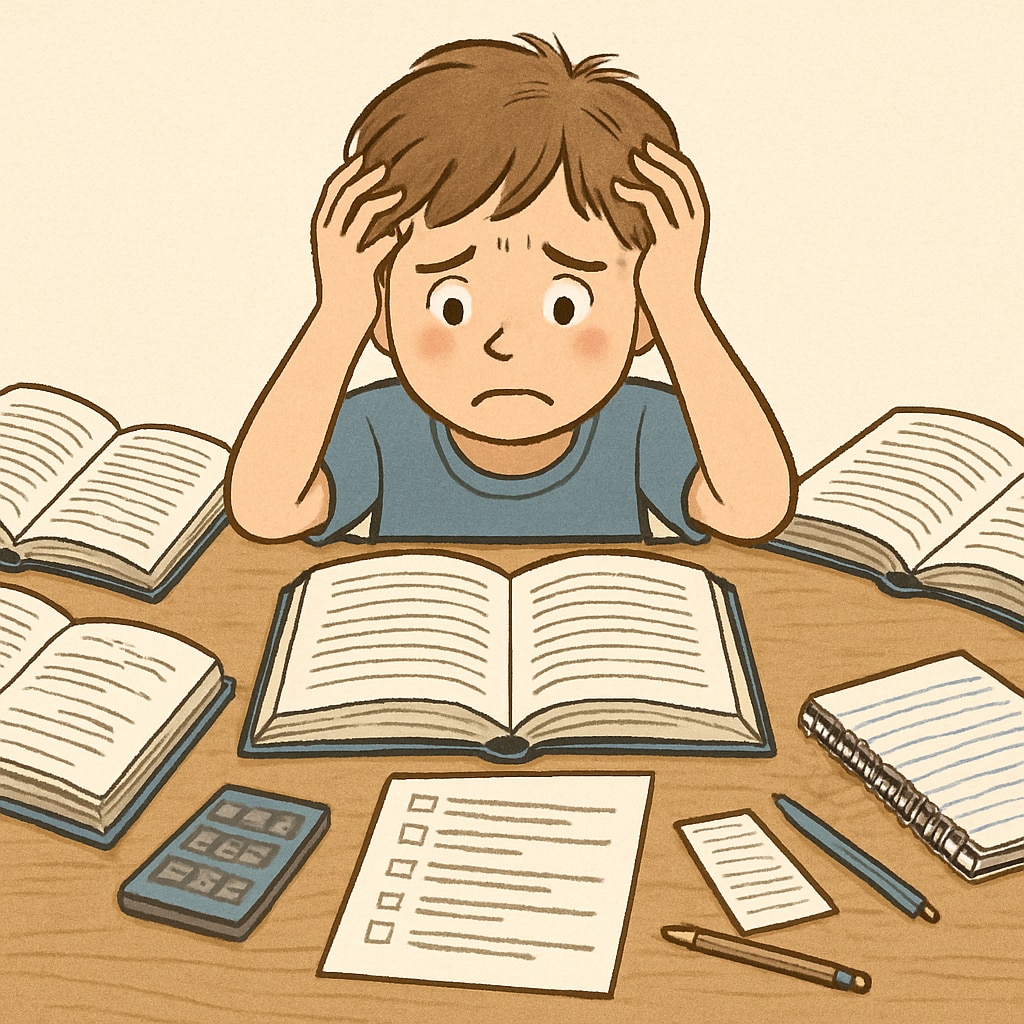 A young child sitting at a desk surrounded by books and worksheets, looking overwhelmed, symbolizing the early academic pressure caused by college preparation. Overwhelmed child surrounded by academic materials, representing stress in early education.