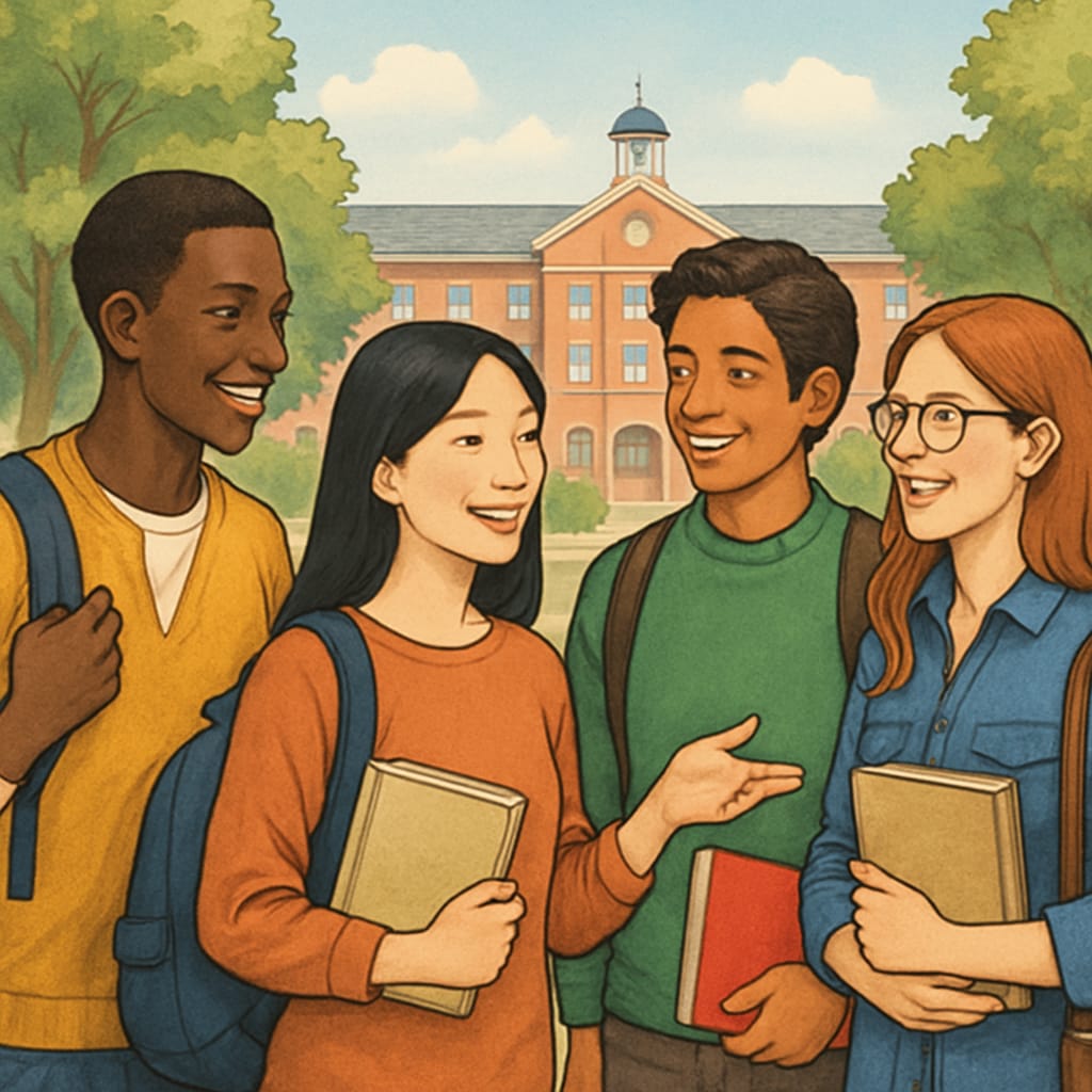 A diverse group of international students smiling on campus, symbolizing affordable education options worldwide. International students representing affordable education options for AS level holders