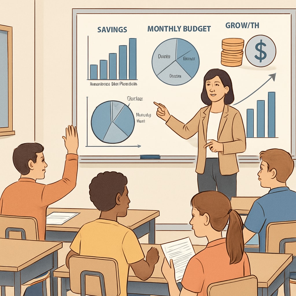 A classroom setting where students are engaged in a financial literacy workshop, with charts and graphs displayed prominently. Financial literacy workshop in progress with students analyzing charts and graphs