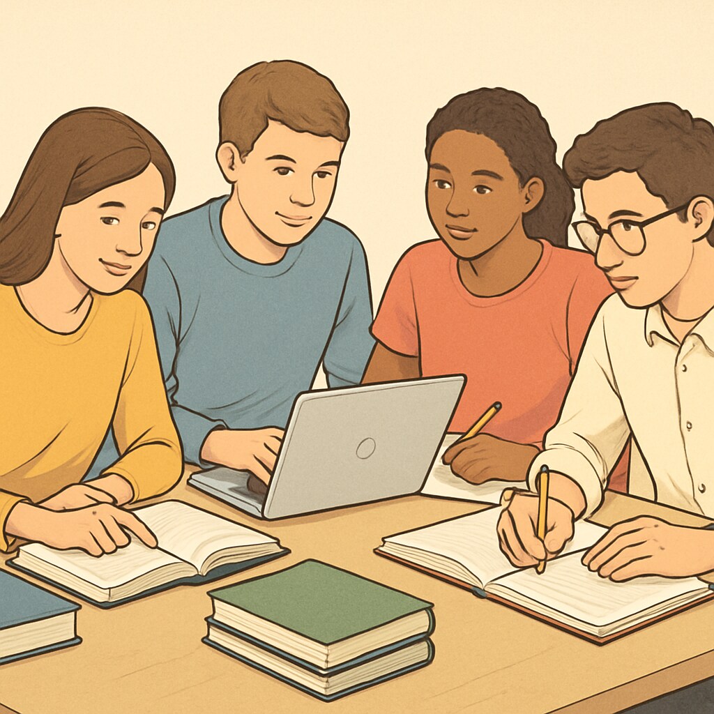 A group of young adults collaborating in a study session, representing teamwork and academic perseverance. Group of students studying together, symbolizing perseverance beyond diploma labels.