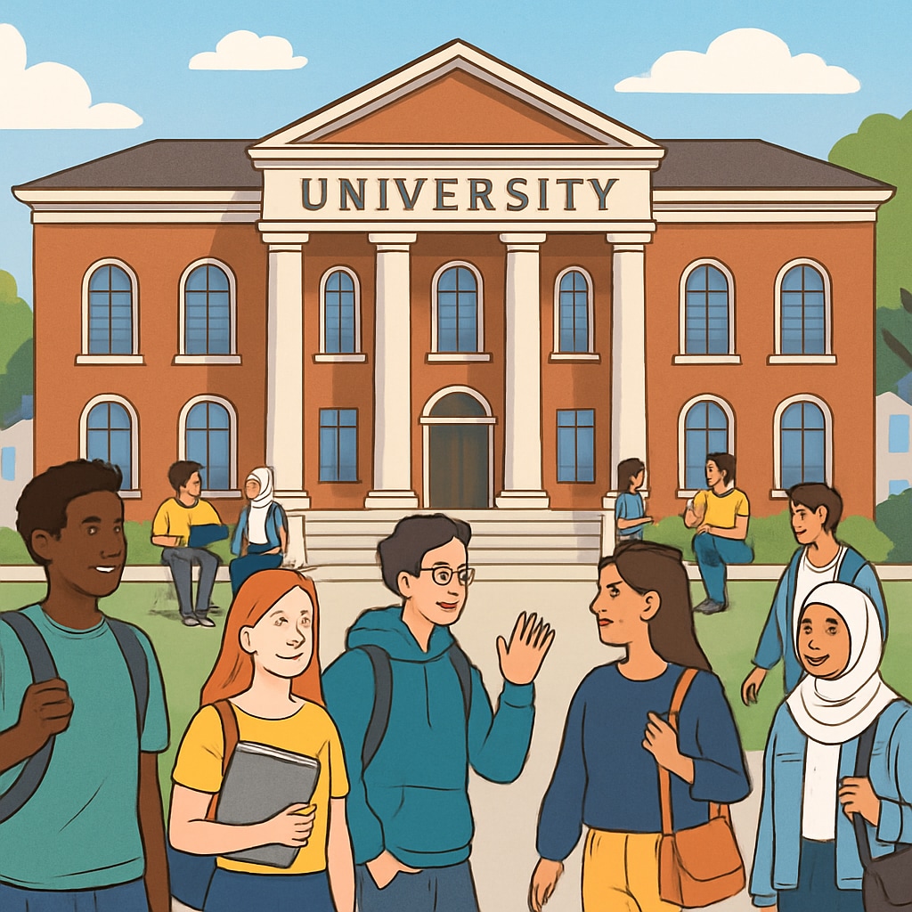 A university building surrounded by students, showcasing affordability and inclusivity in education. University campus promoting affordable and inclusive education for AS level students