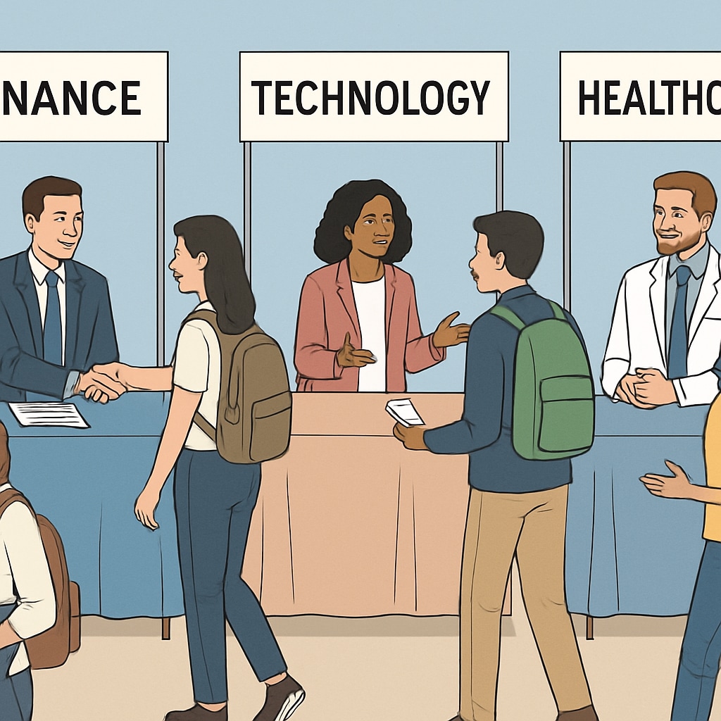 A career fair in progress, with students conversing with professionals at booths representing finance, technology, and healthcare sectors. Career fair showcasing opportunities in finance, technology, and healthcare