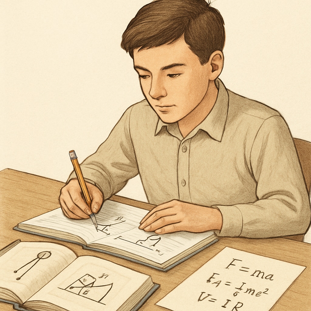 A student practicing physics concepts and solving problems for exam preparation.