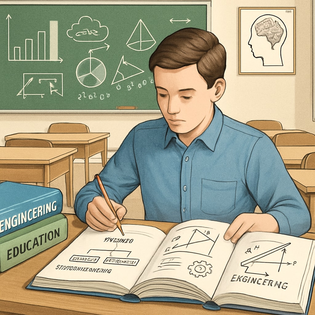 A student studying engineering concepts alongside educational theory in a classroom setting. Student studying engineering and education concepts for dual degrees.