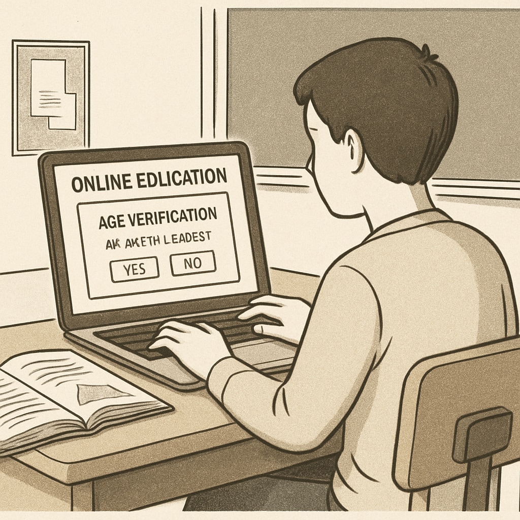 A student sitting at a laptop, accessing educational content online, with an age verification prompt on the screen. A student encountering an age verification prompt while accessing online educational content.
