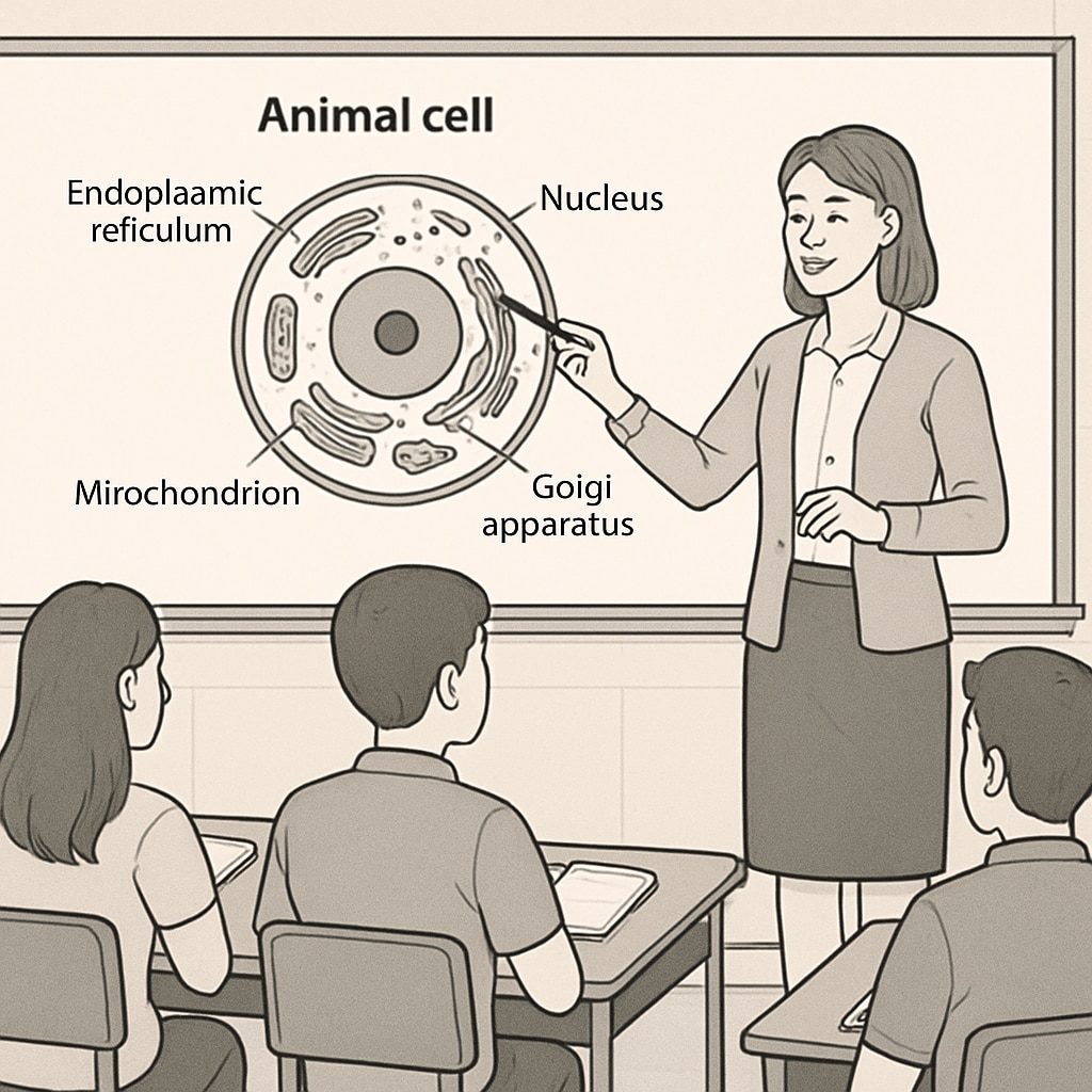 A classroom with a teacher explaining a biology diagram to students. Biology teacher explaining concepts in a classroom, blending science and education.