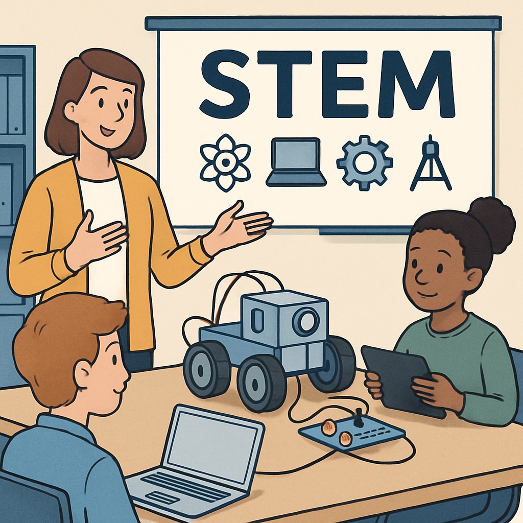 A professional presenting a STEM-based educational project that combines technology and teaching practices. Professional showcasing a project integrating education and engineering.