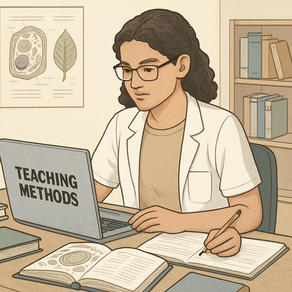 A biology graduate studying teaching methods on a laptop to prepare for education programs. Biology graduate researching education methods, focusing on interdisciplinary transition.