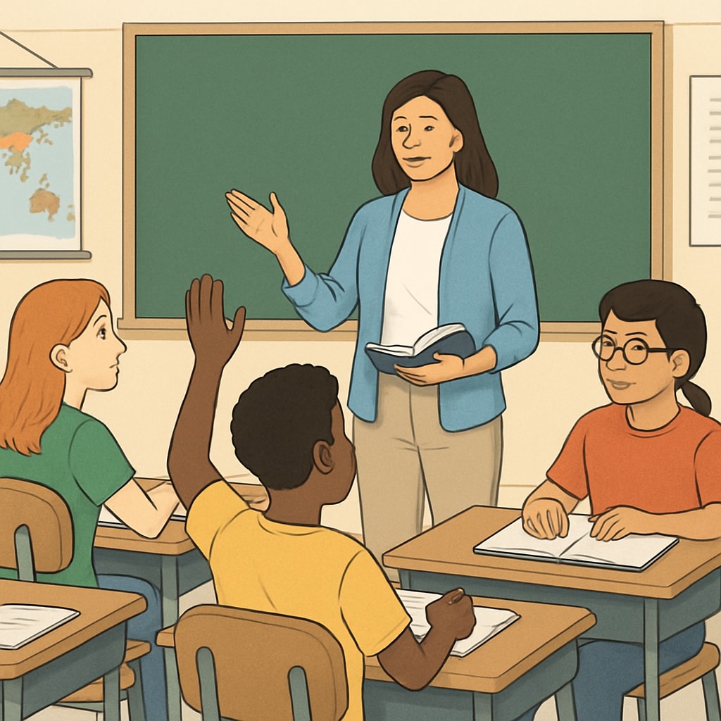 A classroom with diverse students and a teacher engaging in discussion, representing public school education. Public school classroom showcasing diversity and active learning.