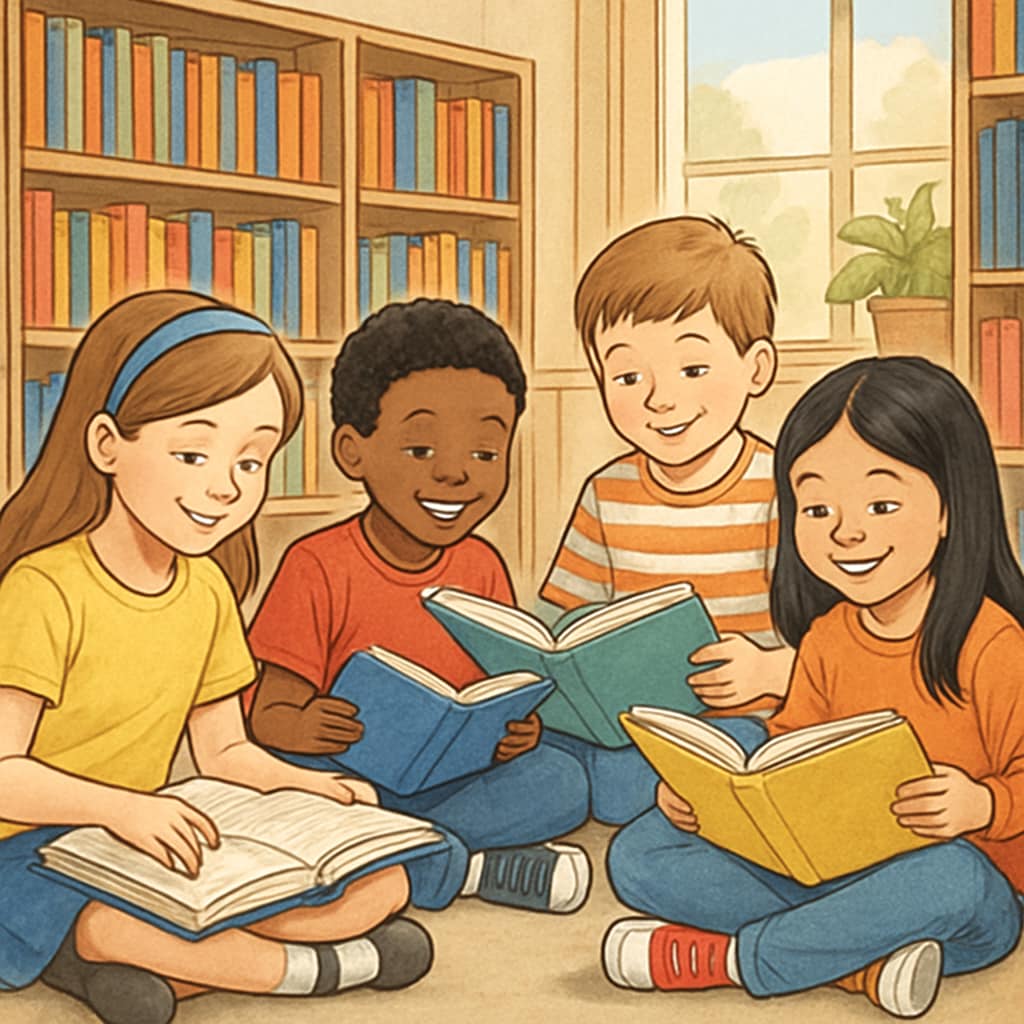 A group of elementary school children happily reading books in a library. Children reading books in a library as part of a free reading motivation system.