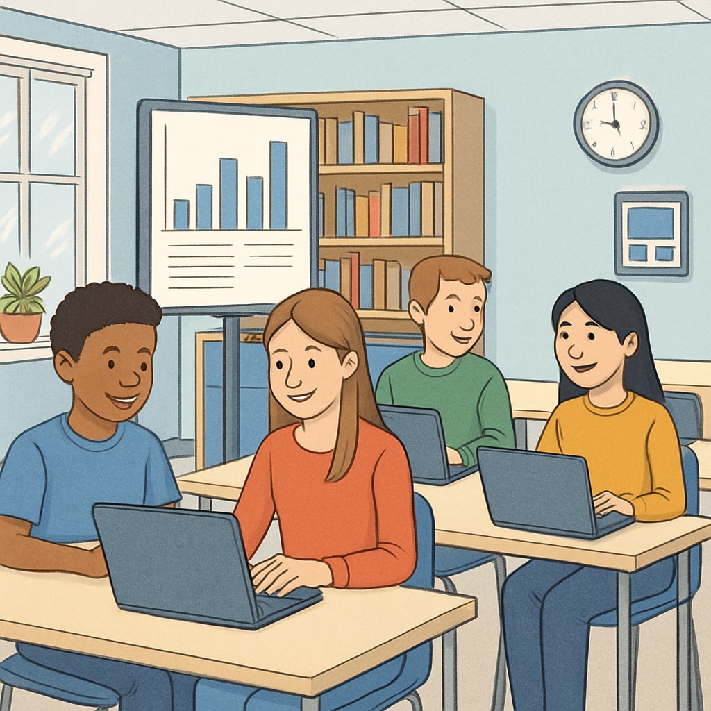 A group of students working on laptops in a technology-integrated classroom, illustrating innovation in public schools. Students using technology in a public school classroom to enhance learning.