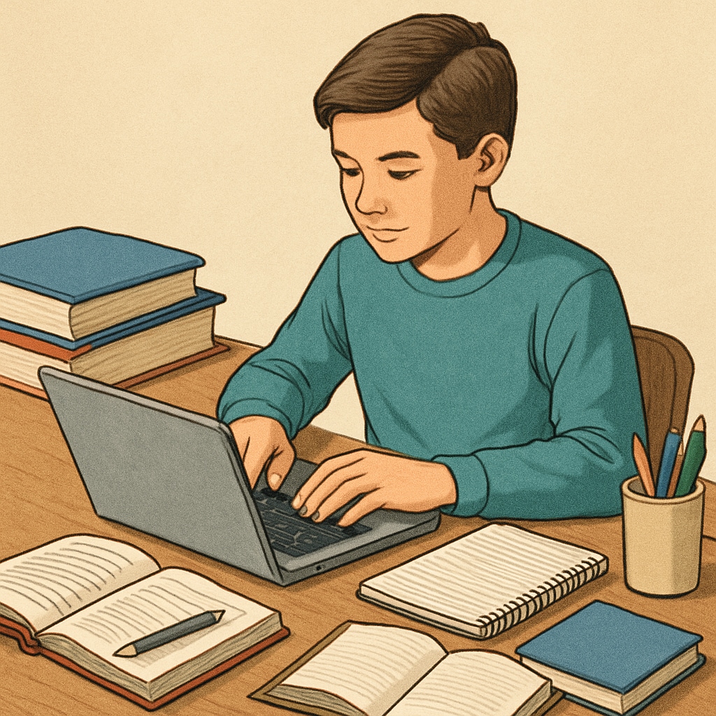 A student writing a compelling personal statement on a laptop, surrounded by study materials. Student writing a personal statement, demonstrating the U.S. university application process.