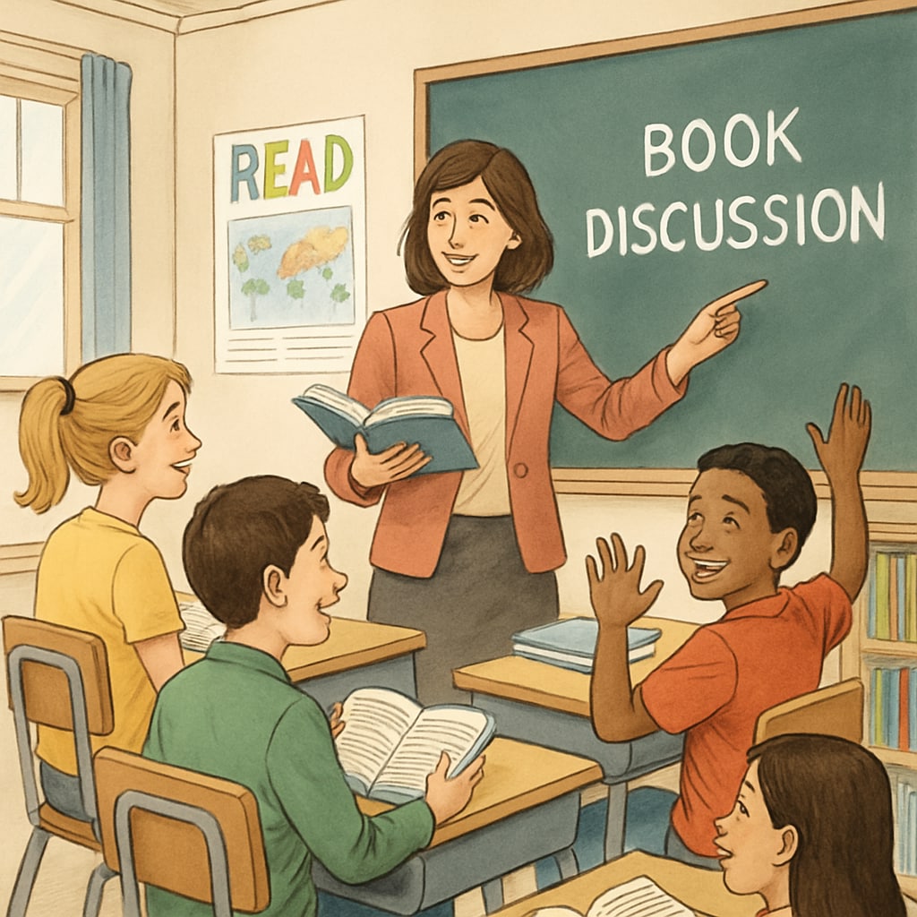 A teacher engaging students in a classroom book discussion. A teacher encouraging classroom discussion as an alternative to A.R. tests.