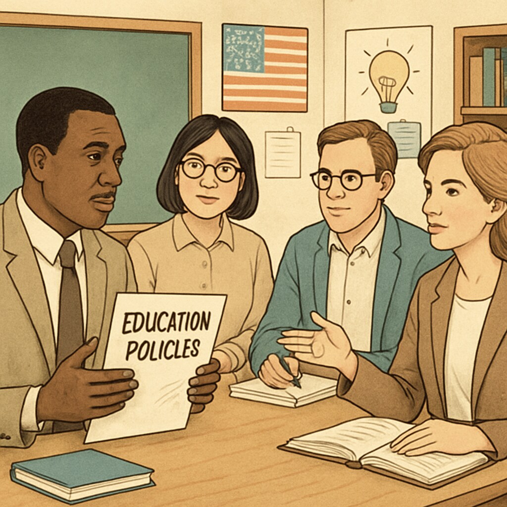 A classroom setting showing diverse teachers discussing education policies, symbolizing the intersection of politics and education. Diverse teachers discussing education policies in a classroom.