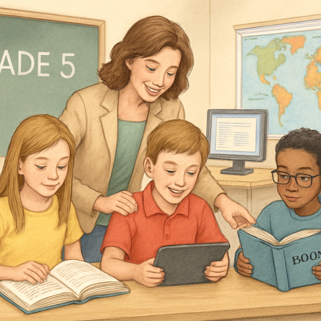 A teacher assisting fifth-grade students with reading exercises using books and interactive tools in a classroom setting. Fifth-grade ELA classroom with students and teacher engaging in reading activities.