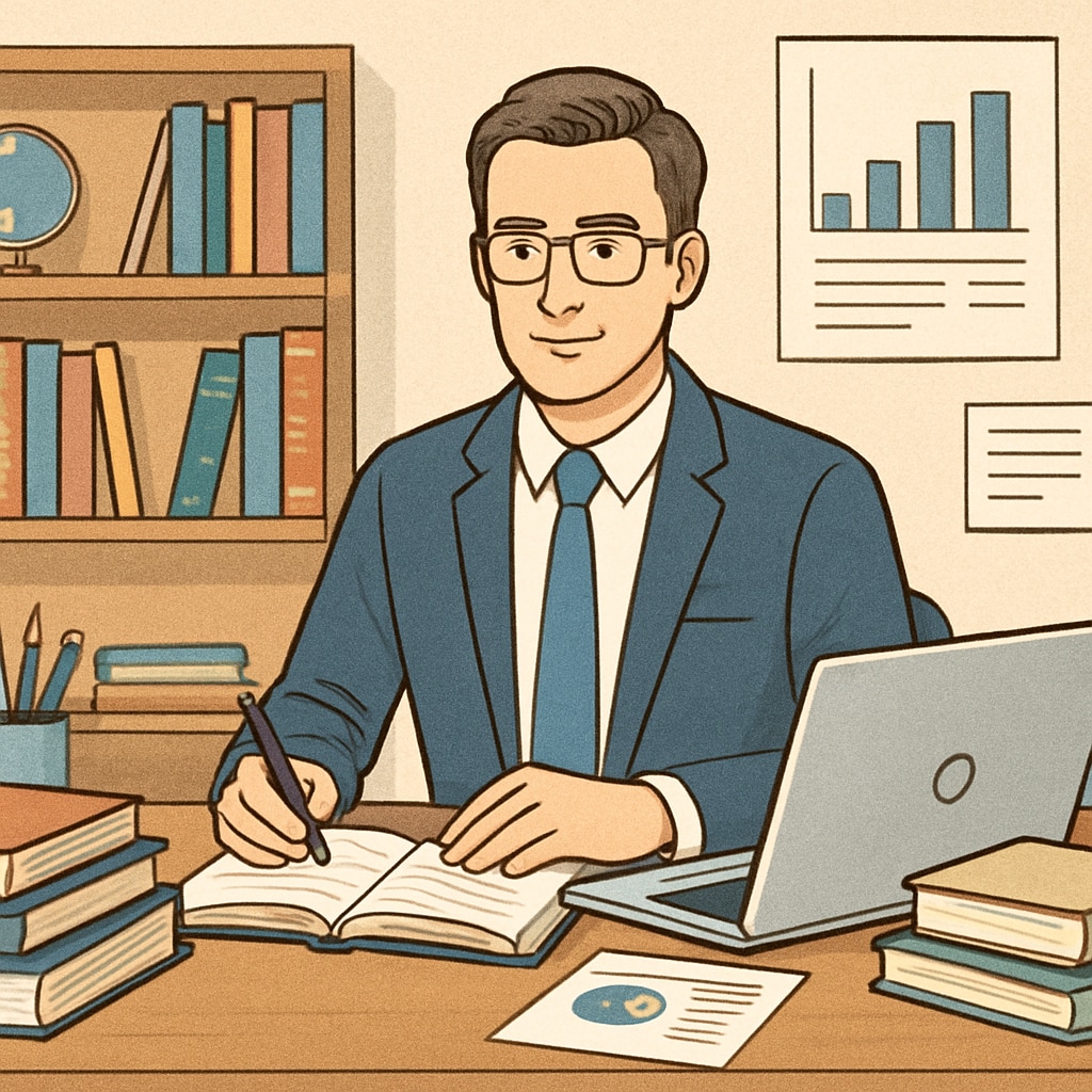 A professional sitting at a desk surrounded by books and a laptop, symbolizing the dual challenge of work and study. Professional balancing career and master’s degree responsibilities