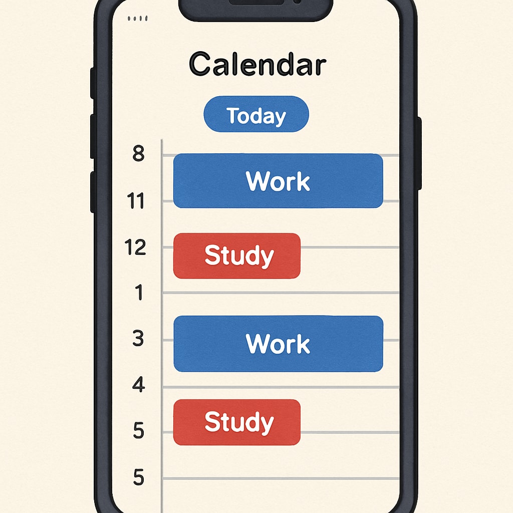 A calendar app displayed on a smartphone, illustrating an organized schedule for managing work and study. Organized schedule for balancing education and career