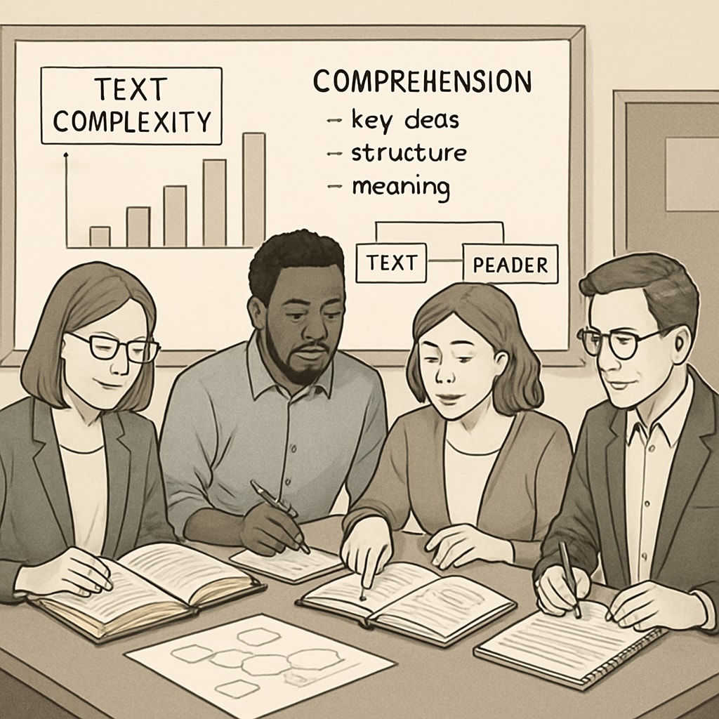 A classroom setting where teachers and researchers collaboratively analyze educational texts, discussing elements of text complexity and comprehension. Teachers and researchers analyzing educational texts for reading comprehension and text complexity.