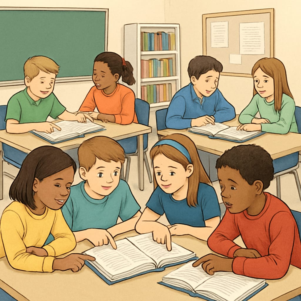 Fifth-grade students working collaboratively in small groups to analyze reading passages and share insights. Students analyzing fifth-grade reading materials in group discussions.