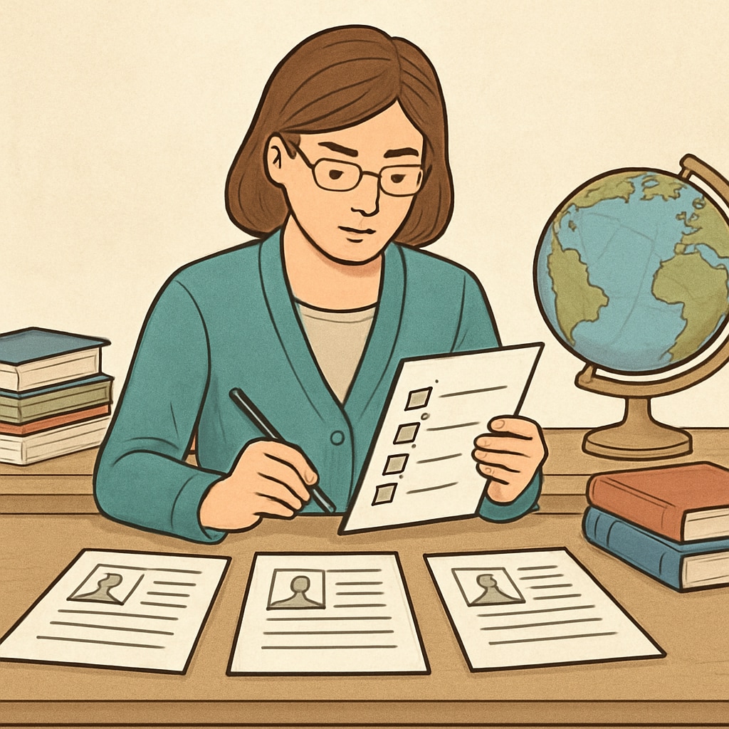 A teacher reviewing applications with a checklist, symbolizing the screening process and its impact on educators. A teacher reviewing applications with a checklist as part of the screening process.