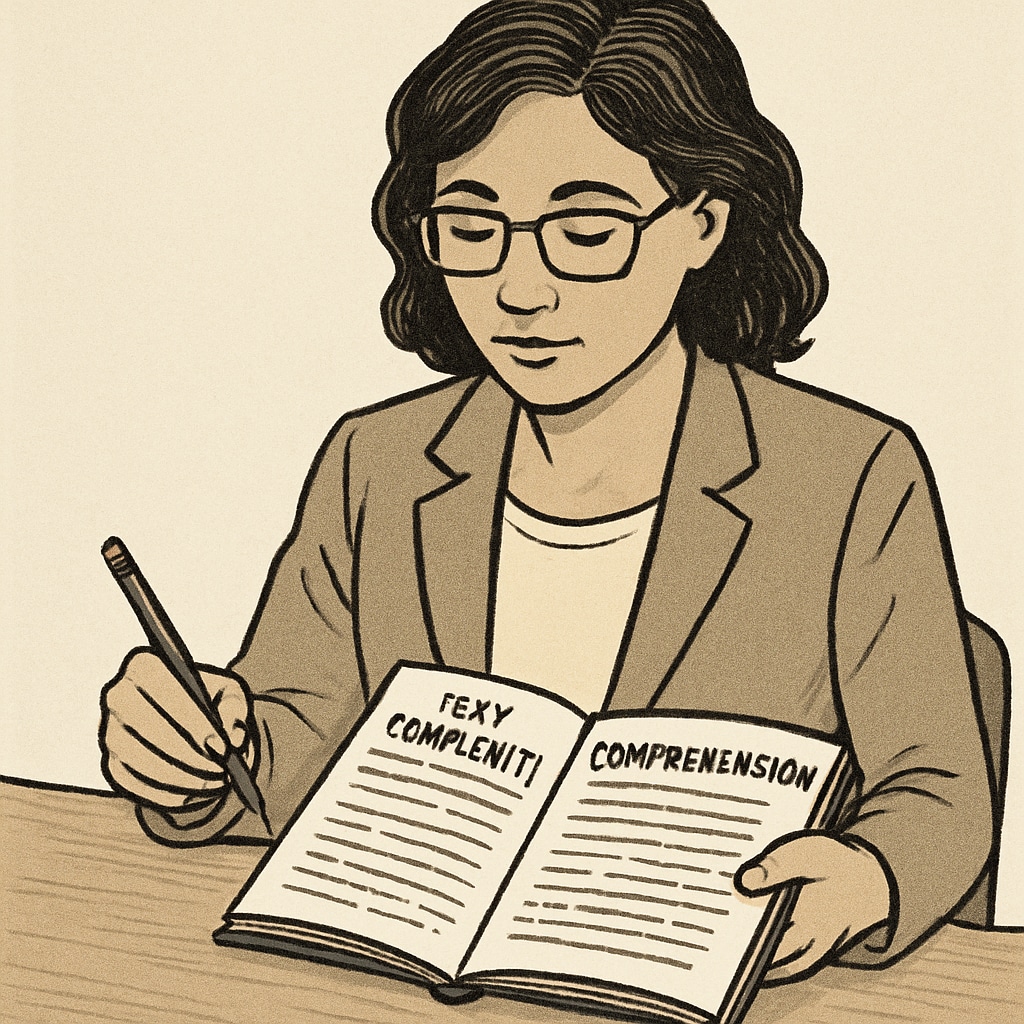 A teacher reviewing a student's workbook, focusing on text complexity and comprehension as part of reading instruction. A teacher analyzing a student’s workbook to assess reading comprehension and text complexity.