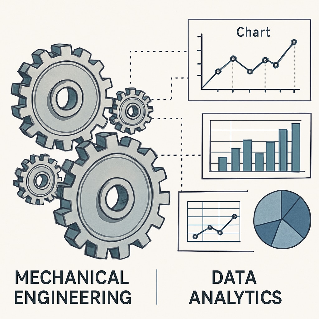 A conceptual graphic representing mechanical engineering and data analytics integration, showcasing gears and digital charts. Mechanical engineering and data analytics integration graphic