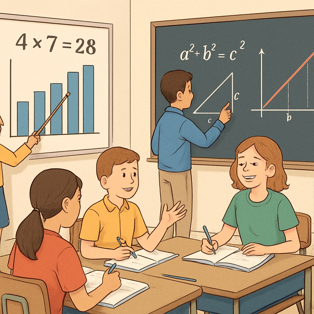 A classroom setting with students solving math problems using visual aids, illustrating collaborative learning techniques. Students solving math problems with visual aids in a supportive classroom environment.