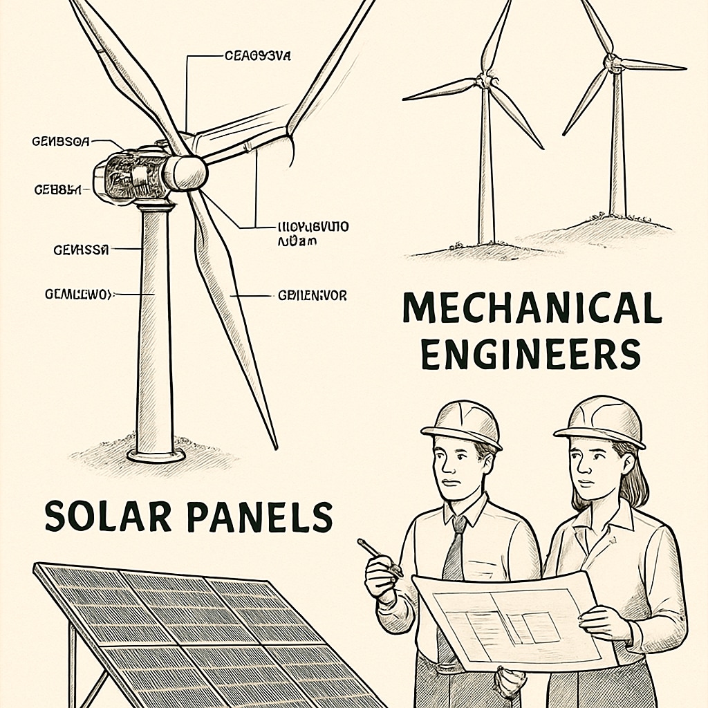 An illustration of renewable energy systems designed by mechanical engineers, featuring wind turbines and solar panels. Renewable energy systems designed by mechanical engineers
