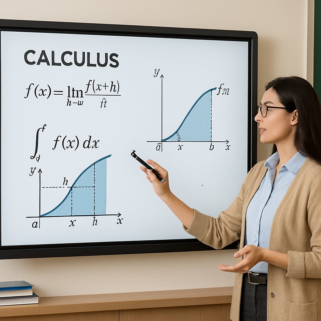 A teacher using a digital whiteboard to explain calculus concepts, highlighting the use of modern technology in math education. Teacher explaining calculus concepts on a digital whiteboard to high school students.