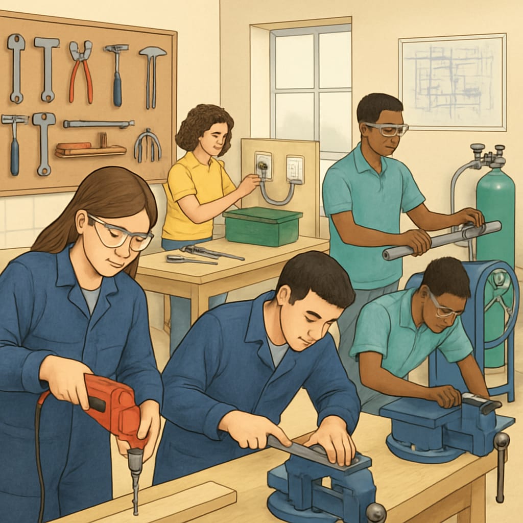 Students participating in a hands-on vocational training program in a classroom. Students engaged in vocational training, showcasing alternative career prospects beyond GCSE results.