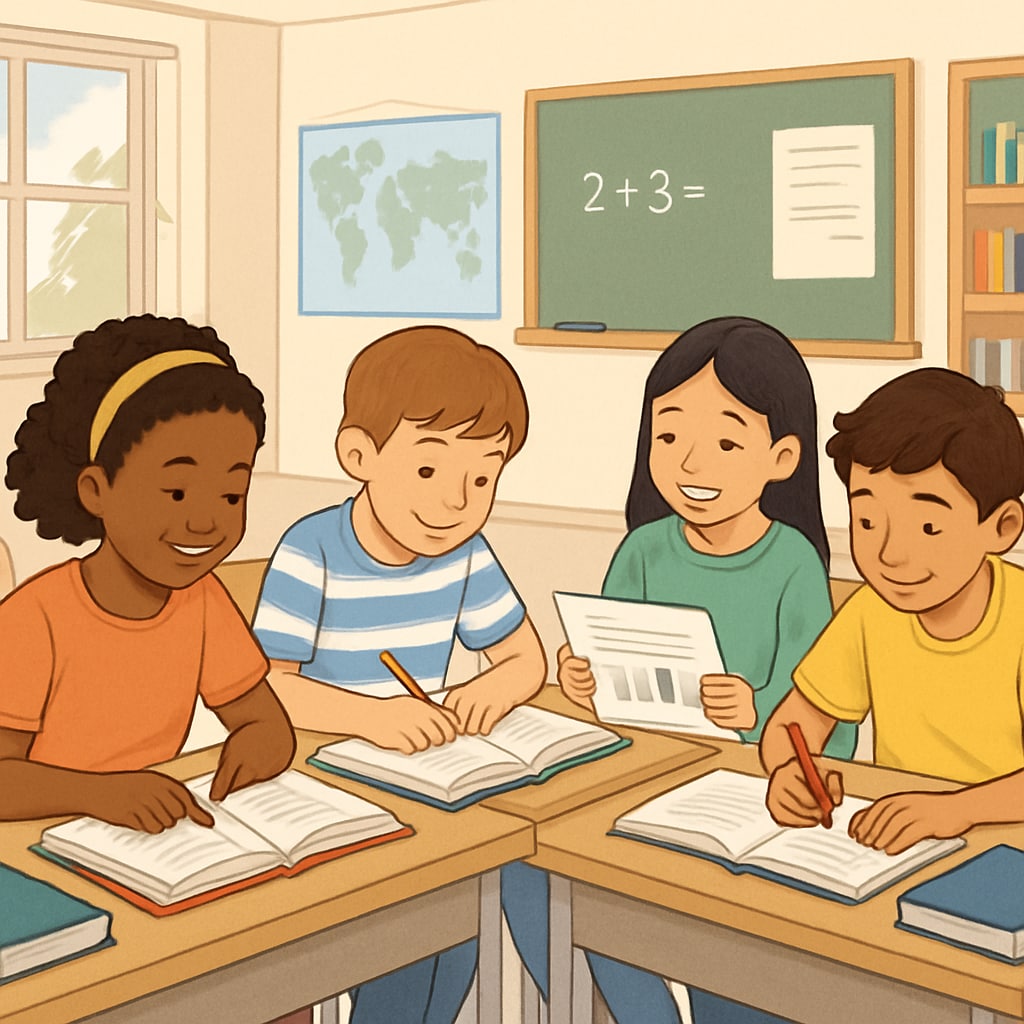 A group of diverse public school students in a classroom, symbolizing the vitality of public education. Public school students in a classroom, representing the importance of public education.