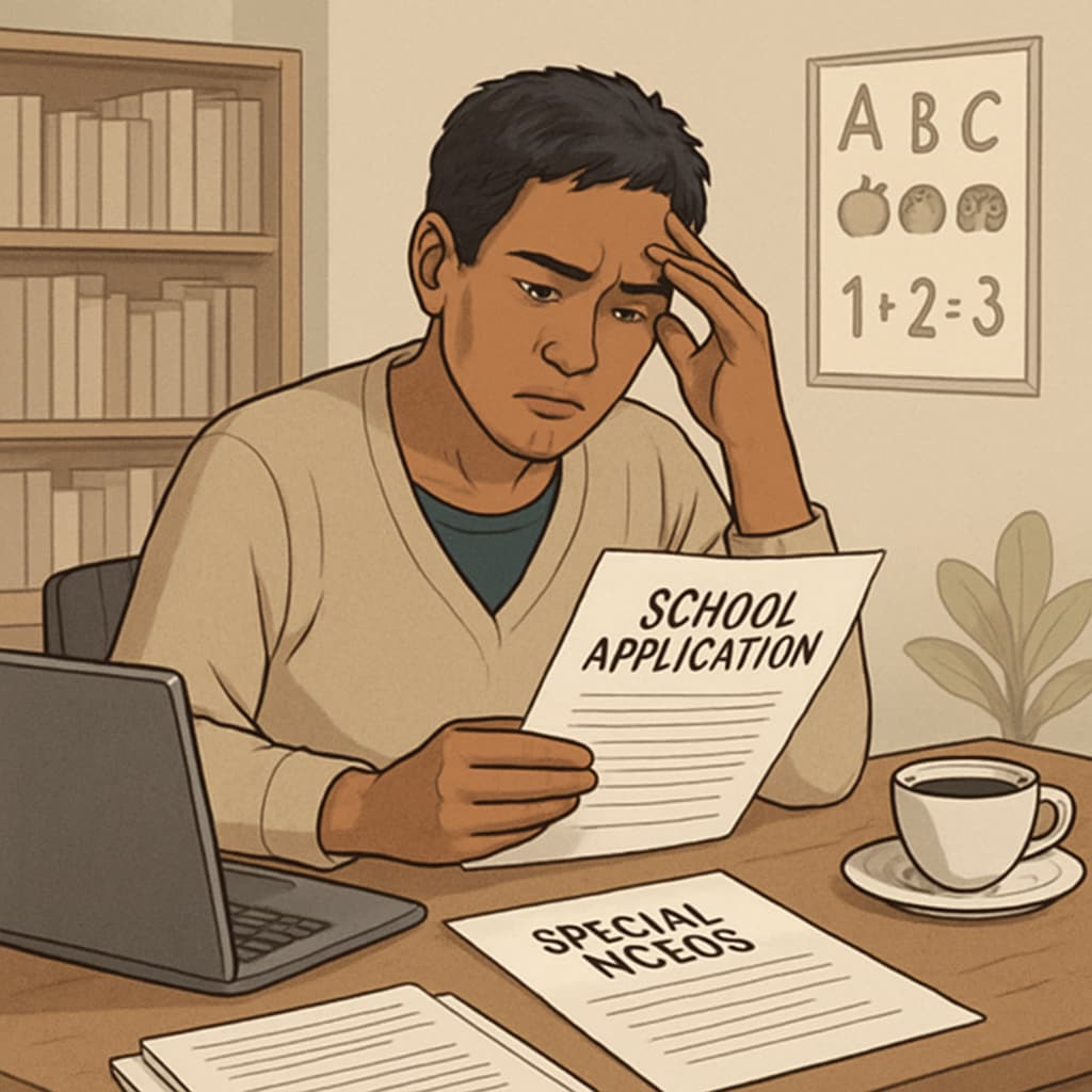 A frustrated parent reviewing school application documents for a special needs child. Parent looking at school documents for a child with special education needs.